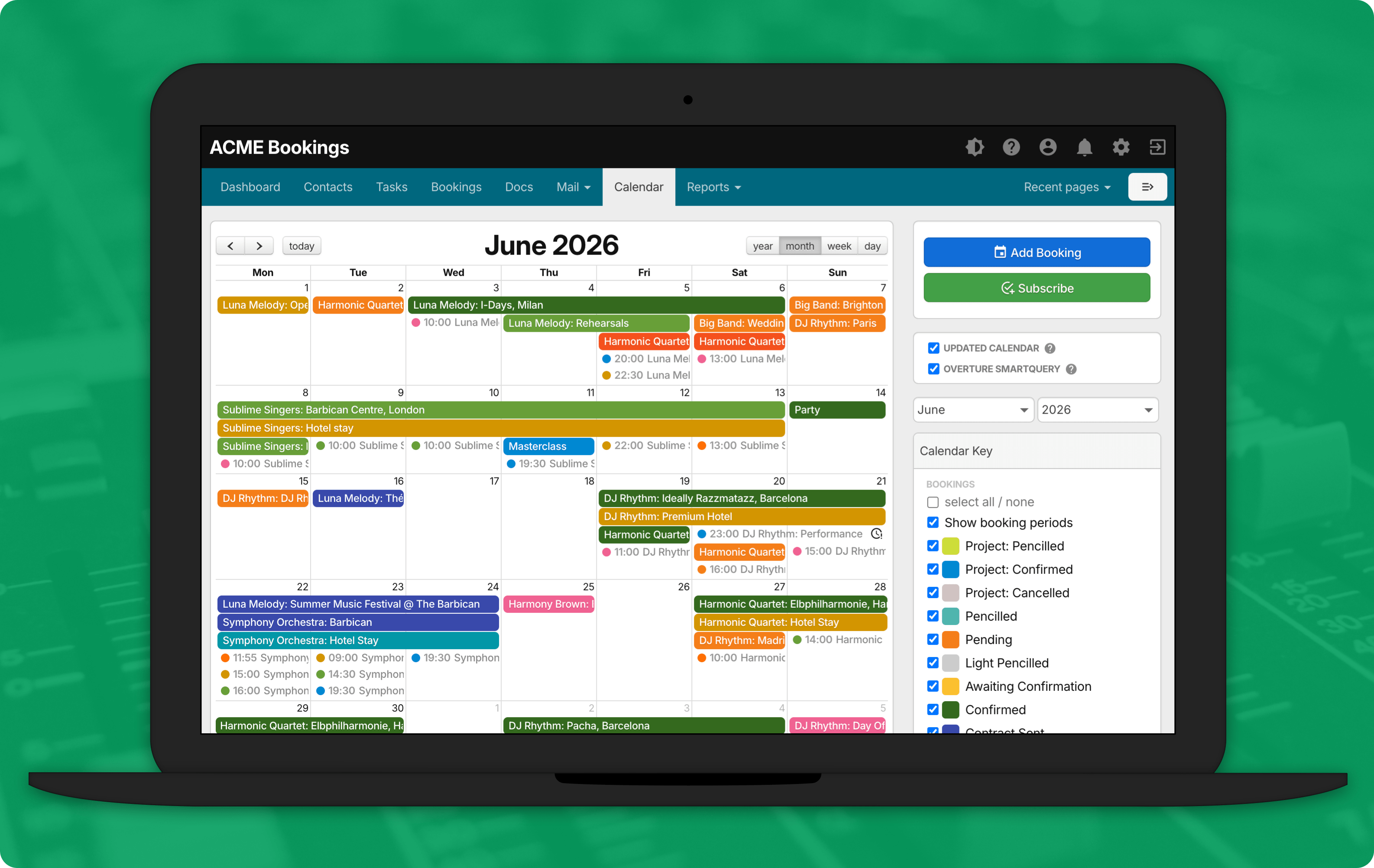Shared calendars for company, personal, and artists