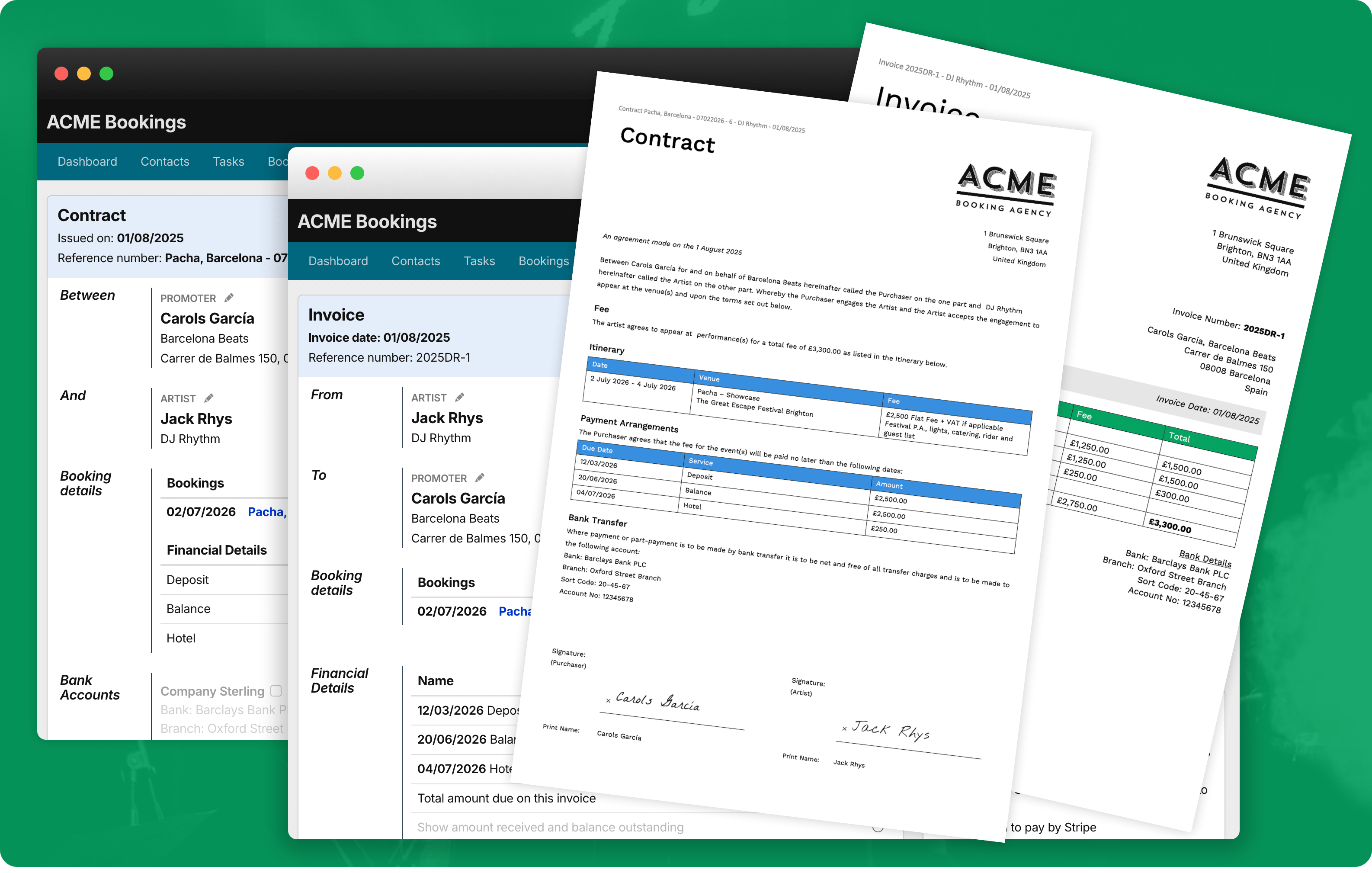 Contracts, invoices, itineraries and statements