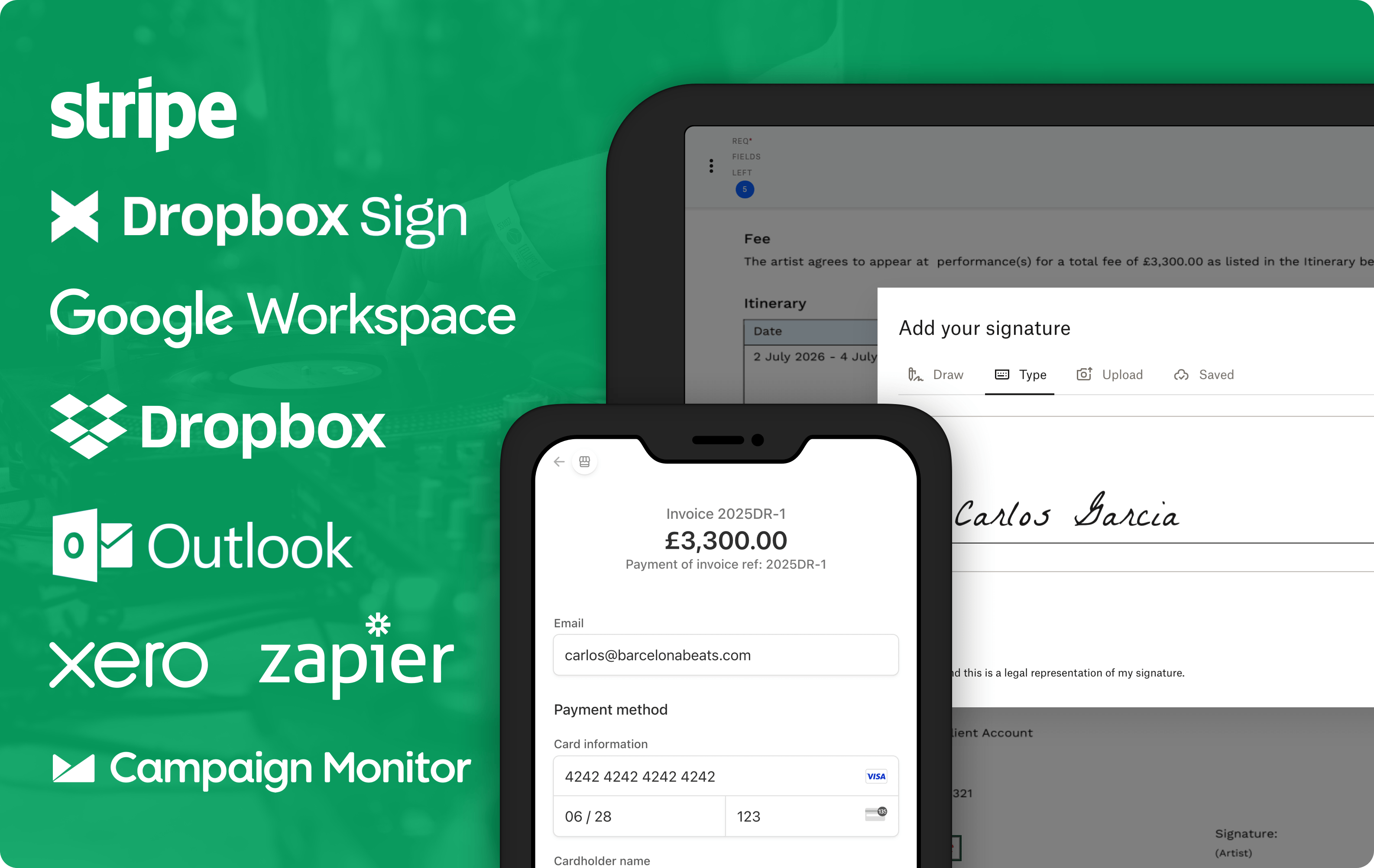 Integrations with email, documents, payments and analytics